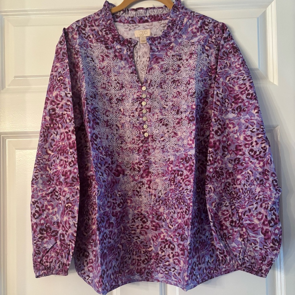 LOGO by Lori Goldstein NIB Purple Animal Print Embroidered  Blouse POCKETS